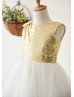 Gold Sequin Ivory Tulle Knee Length Flower Girl Dress With Bow